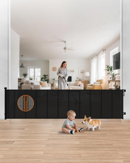 Retractable Baby Gate, 55" Wide Mesh Gate with 4 Reinforced Rods, Prevents Kids & Dogs from Crawling Under, 34" Tall Easy-to-Use Pet Gate for Stairs, Bedrooms, Hallways, Indoor/Outdoor, White