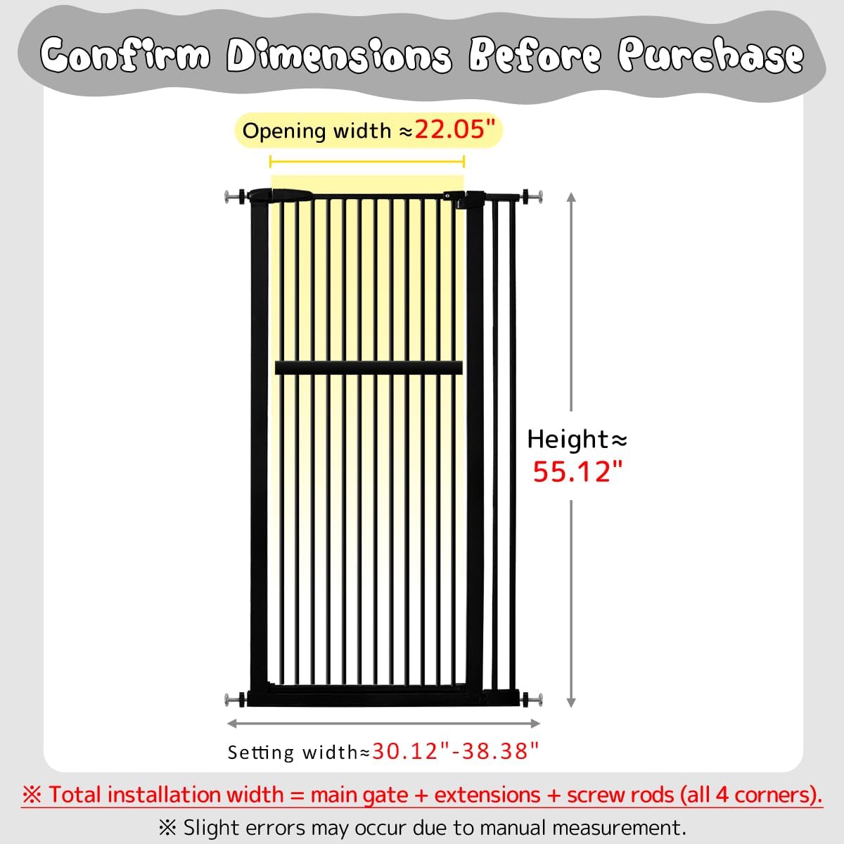 Lumizone Extra Tall Cat Gate 61.02" High Pressure Mounted Extra Wide 30.12"-34.05" (17Sizes) 1.37" Gap No Drilling Auto-Close Tall Pet Gate for Dogs (Black, 30.12"-34.05" W)