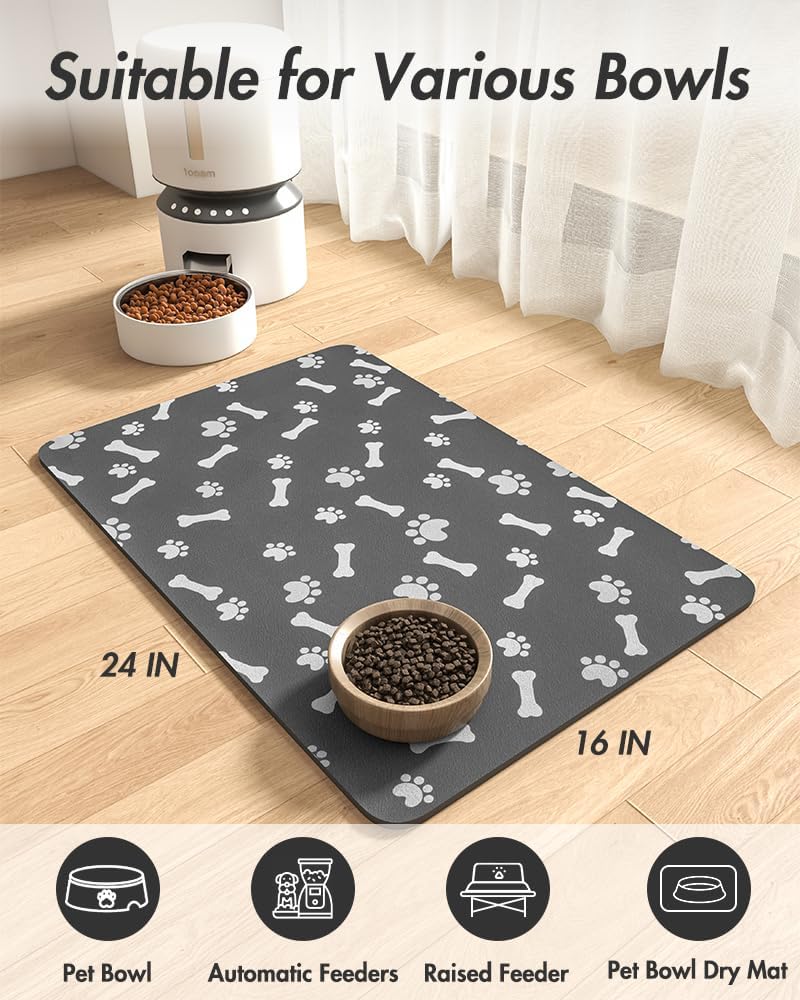 MontVoo Dog Food Mat-Pet Feeding Mat for Food and Water-No Stains Quick Dry Dispenser Cat Bowl Mat for Messy Drinkers(12"x19" Dark Grey)