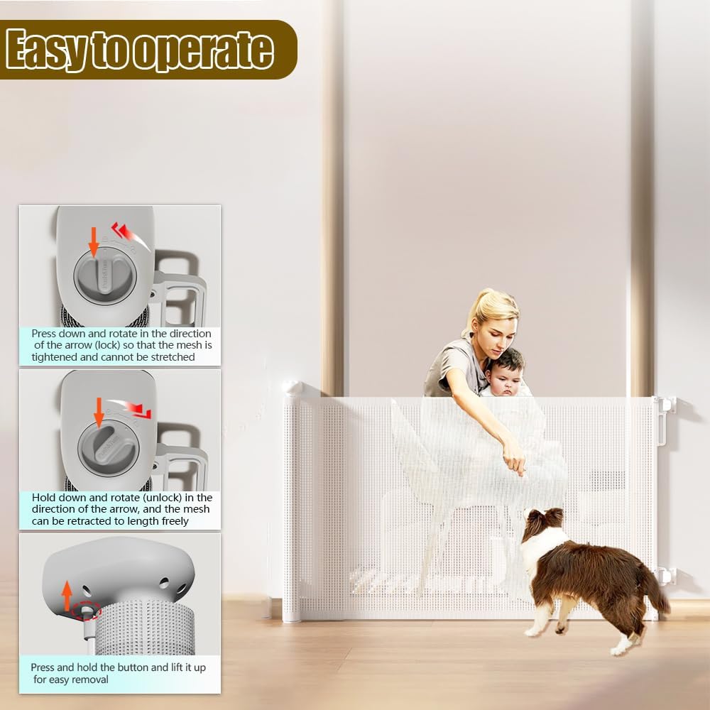 Retractable Baby Gates for Stairs Doorways Hallways, Soft Mesh Safety Retractable Dog Gate for Pet, Indoor Or Outdoor Use, Easy Installation,33.6" Tall,Expands to 55" Wide,White