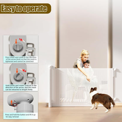 Retractable Baby Gates for Stairs Doorways Hallways, Soft Mesh Safety Retractable Dog Gate for Pet, Indoor Or Outdoor Use, Easy Installation,33.6" Tall,Expands to 55" Wide,White