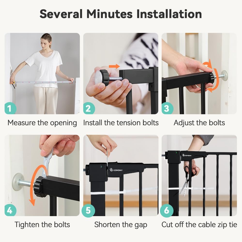 COMOMY 29.5-43.3" Safety Baby Gate Extra Wide, Auto Close Dog Gate for House Doorways Stairs, Pressure Mounted Easy Walk Through Pet Gate Child Gate, Includes 2.75" and 8.25" Extension, Black