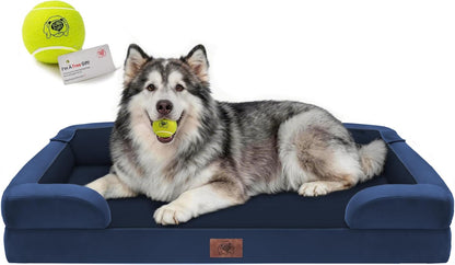 Extra Large Dog Bed, Orthopedic XL Washable Memory Foam Bed for Big Dogs Waterproof Pet Couch Sofa Bolster with Removable Cover, Non-Slip Bottom, Tennis Ball Toy, 42x30