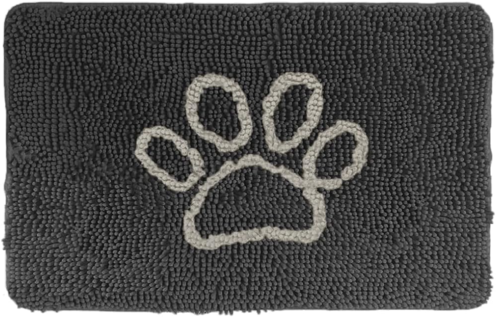 GORILLA GRIP SoakSTOPPER Dog Door Mat, 30x20 Machine Washable Rug Absorbent Doormat Captures Moisture Mud Dirt, Quick Dry Soft Chenille Entryway Rugs Indoor Entrance Mats for Dog Paws, Paw Grey