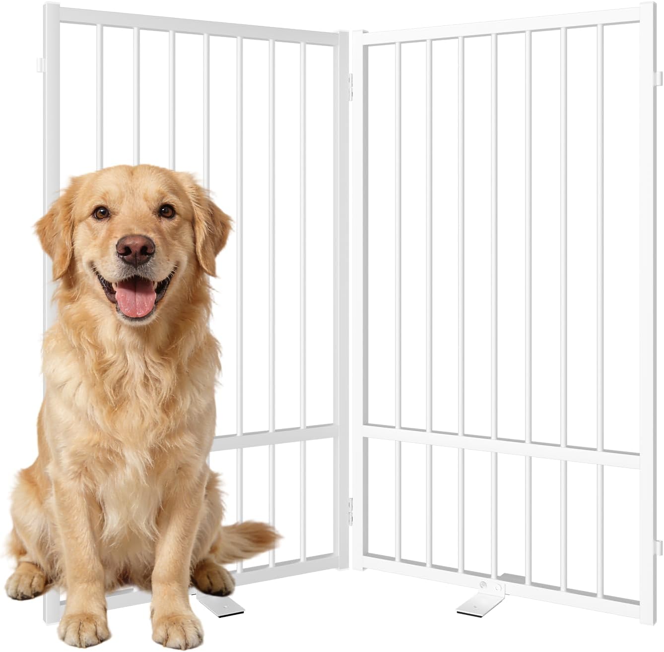 SNUOWU Full Metal Freestanding Dog Gate with Door, 32''Height Foldable Pet Dog Fence for Indoor & Outdoor, 4 Panels Extra Wide Free Standing TallDog Gates for Doorways,House,Stairs,Porch,Deck,Yard