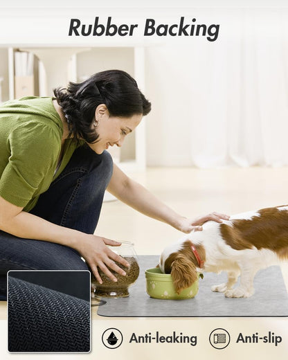 MontVoo Dog Food Mat-Pet Feeding Mat for Food and Water-No Stains Quick Dry Dispenser Cat Bowl Mat for Messy Drinkers(12"x19" Dark Grey)