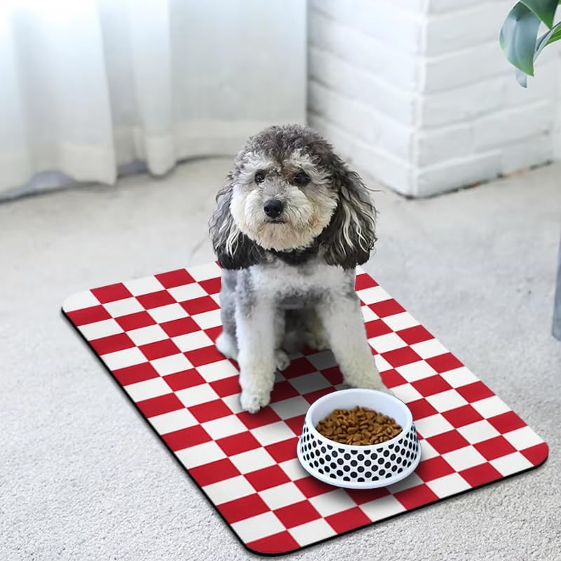 Dog Food Mats for Floors Waterproof, Pet Water Bowl Mats Pet Feeding Absorbent Placemats Plaid 12 * 20 inch