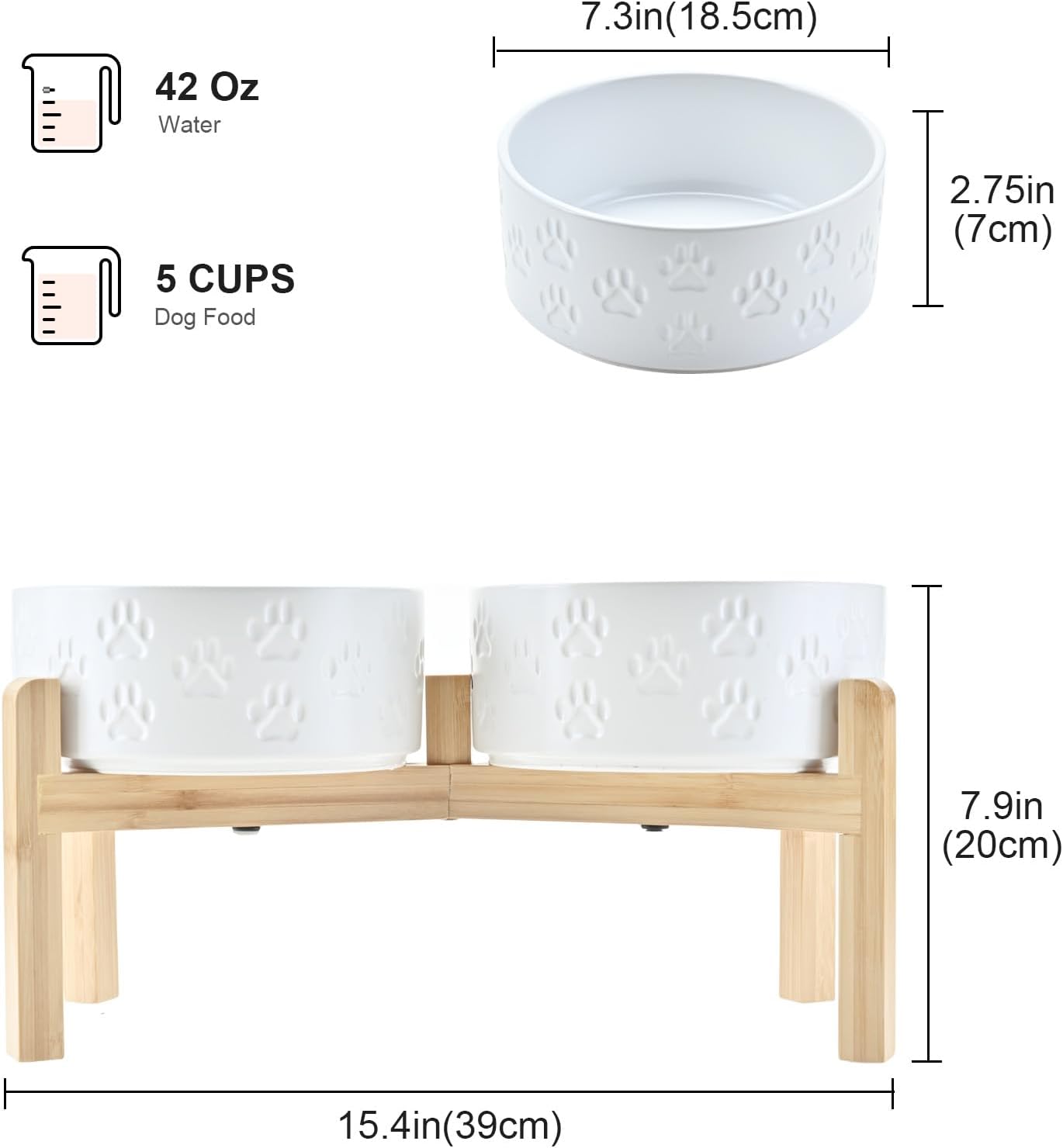SPUNKYJUNKY Elevated Dog Bowls Ceramic, 6.1'' Dogs and Cat Food Water Bowls Raised with Non-Slip Bamboo Stand for Medium Sized Breed Microwave Dishwasher Safe - 28.7 OZ,Beige