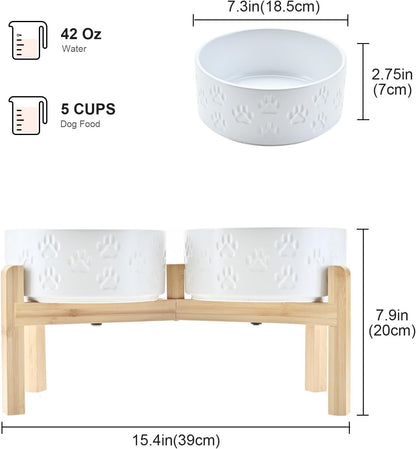 SPUNKYJUNKY Elevated Dog Bowls Ceramic, 6.1'' Dogs and Cat Food Water Bowls Raised with Non-Slip Bamboo Stand for Medium Sized Breed Microwave Dishwasher Safe - 28.7 OZ,Beige