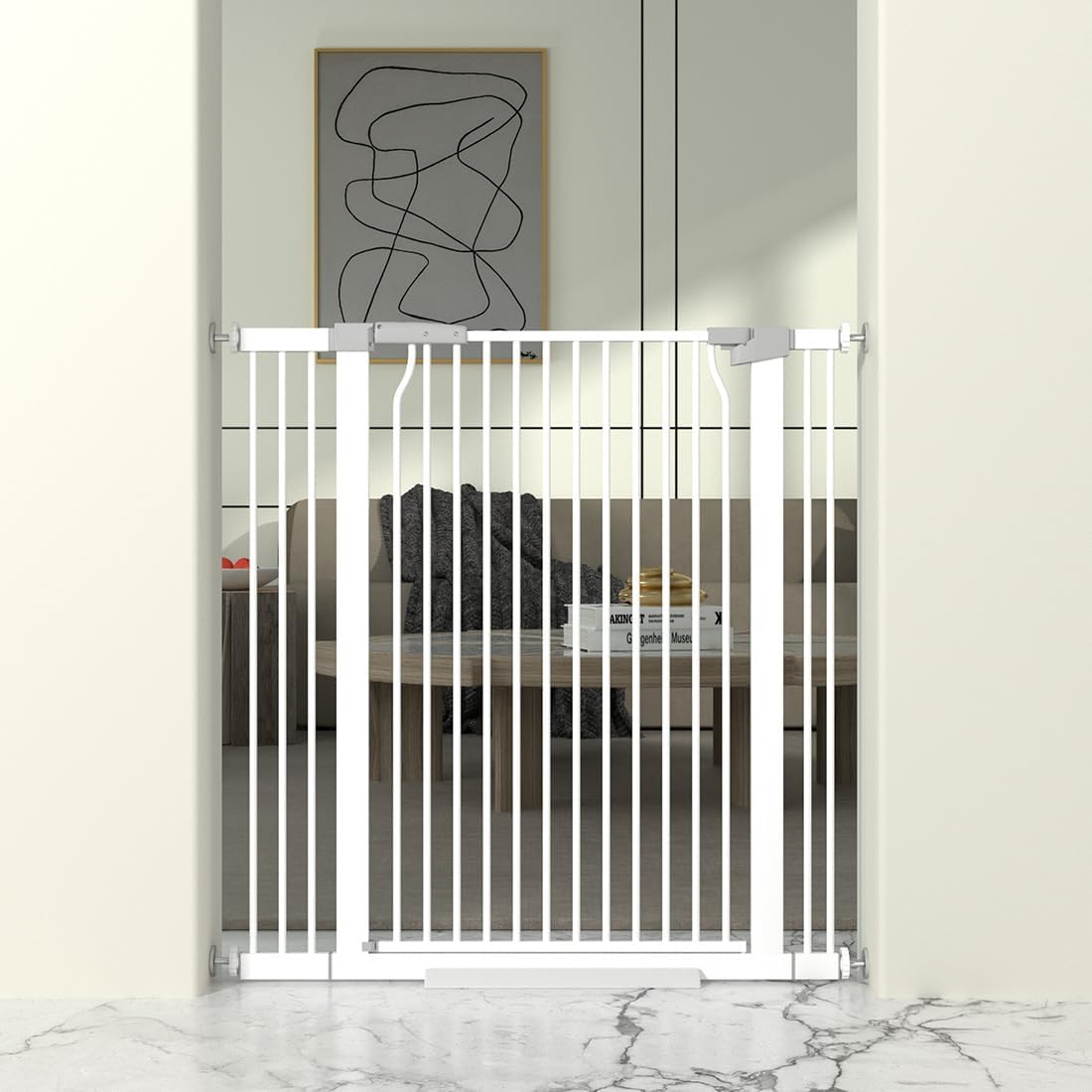 41" Extra Tall Cat Gate for Doorway, 49.2-54.7 Metal Pet Baby Safe Gate, Extra Wide Pressure Mounted Child Door with Expansion Kit, No Drilling No Climb Cat Fence Indoor, Tall Dog Gate, White