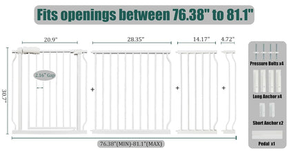 Extra Wide Baby Gate 85.8-90.5" Dog Gate Indoor Pressure Mounted No Drill Safety Gate for Large Entries, Kitchen,Stairs & Doorways, Black Metal Indoor Pet Gate for Kids & Dogs