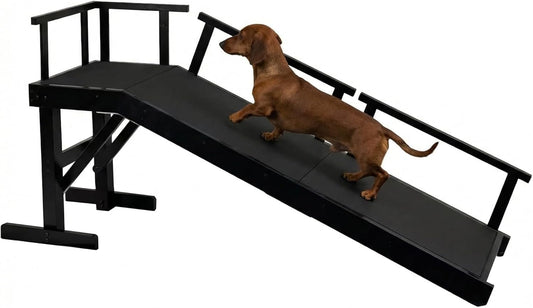 61" Dog Ramp for Bed with Rest Platform & Glow Strips, 20° Gentle Slope, EVA Non-Slip Surface, Removable Safety Rails, Birchwood Solid Wood, for Small, Large & Senior Dogs, Joint Protection, Black