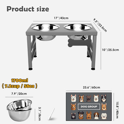ADENGL Elevated Dog Bowls, 10" Tall Height, Raised Bowl Stand with 2 Stainless Steel Food Feeder Bowls (58oz) and Spill-Proof Mat for Medium Large and Small Breeds