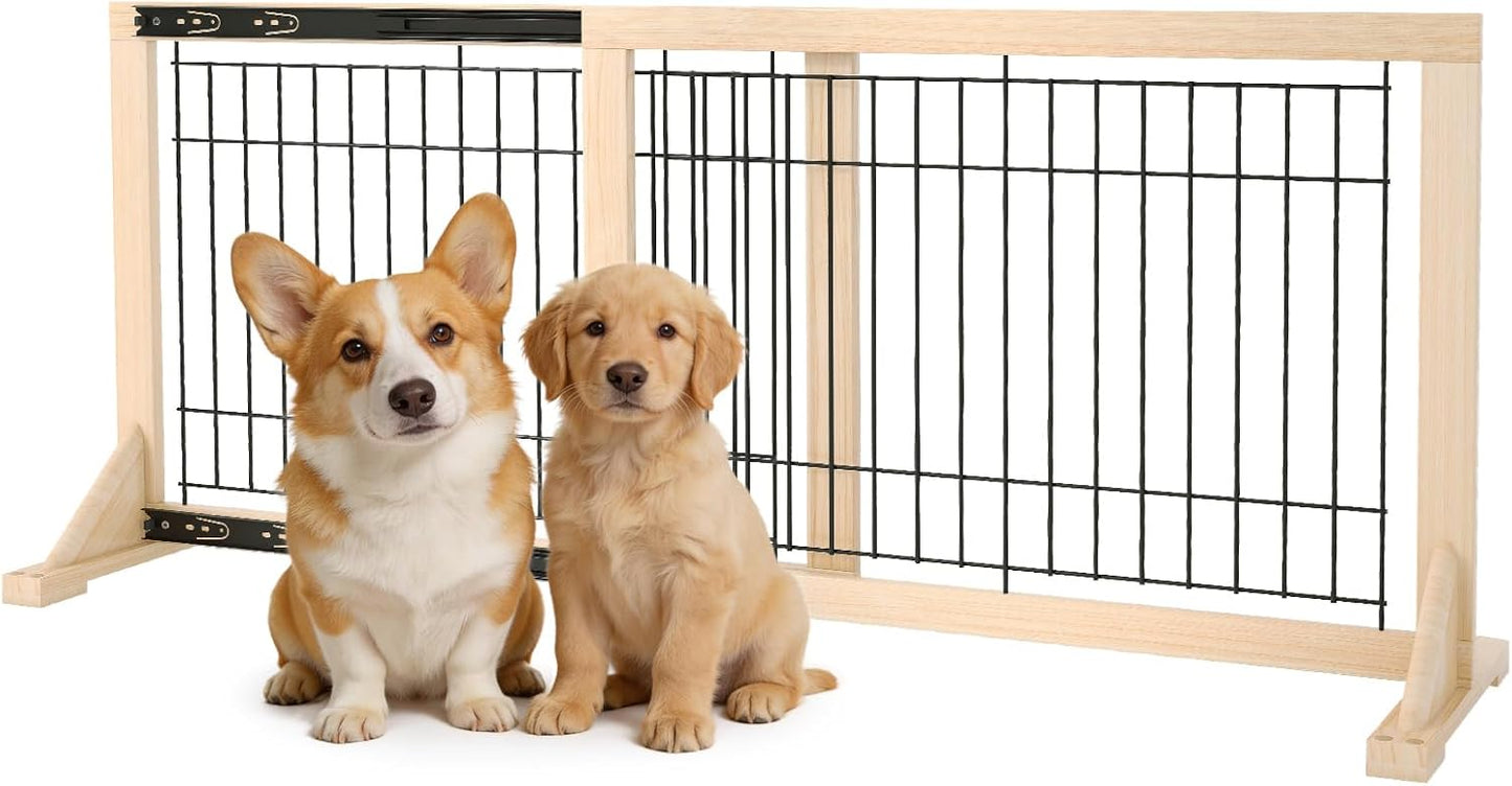 Extra Wide Freestanding Dog Gate, Adjustable Width 31.5"–61", 19.7" Tall Indoor Pet Gate for Kitchen, Living Room & Stairs, Wooden Metal Frame No-Drill Pet Barrier