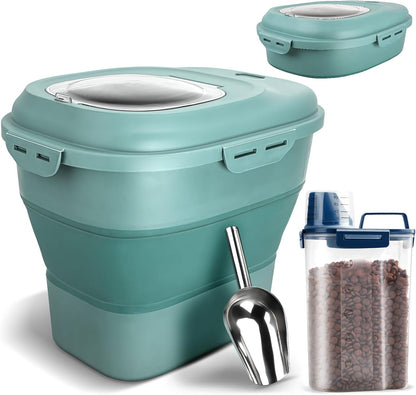 TIOVERY Dog Food Storage Container, Airtight Collapsible 13lb to 30lb Pet Food Container with Flip Top, Rolling Wheel, Scoop and a small container for Dog Cat Food and Dry Food of Rice, Flour