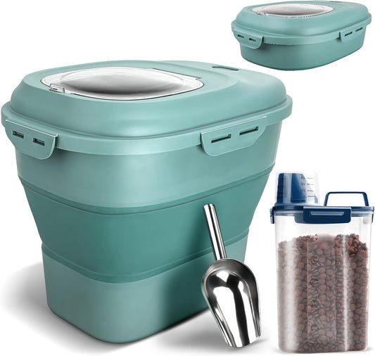 TIOVERY Dog Food Storage Container, Airtight Collapsible 13lb to 30lb Pet Food Container with Flip Top, Rolling Wheel, Scoop and a small container for Dog Cat Food and Dry Food of Rice, Flour