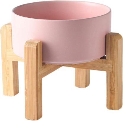 6'' Ceramic Raised Dog Bowl - 30Oz Dog Food & Water Bowl with Elevated Non-Slip Bamboo Stand, Dishwasher & Microwave Safe, Anti Vomiting Heavy Duty Pet Bowl for Small and Medium Dogs, White