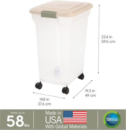 IRIS USA Airtight Dog Food Storage Container, WeatherPro, Up to 40 lbs, Removable Wheels, for Dog Cat Bird and Other Pet Food Storage Bin, Keep Fresh, Translucent Body, Made in USA, Smoke/Black