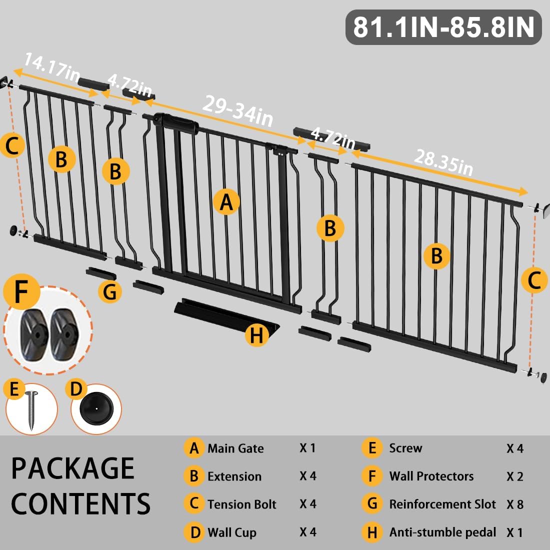 Fairy Baby Extra Wide Baby Gate Black 57.5-62 Inch Wide, Walk Through Pressure Mounted No Drill for Doorways, Long and Large Tension Dog Gates for Pet and Kids