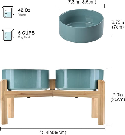 SPUNKYJUNKY Elevated Dog Bowls Ceramic, 6.1'' Dogs and Cat Food Water Bowls Raised with Non-Slip Bamboo Stand for Medium Sized Breed Microwave Dishwasher Safe - 28.7 OZ,Beige