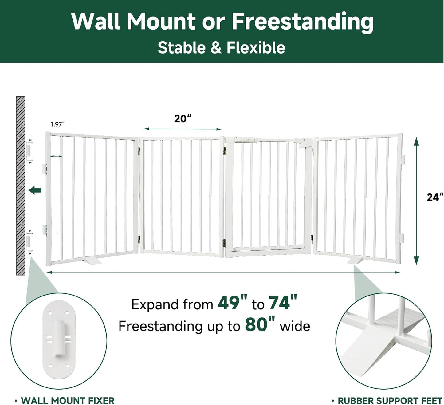 Snagle Paw Full Metal Freestanding Dog Gate,Indoor Dog Gate with Floor Protect Support Feet, 40x24 Inches Foldable Dogs Barrier for Stairs, Hallways and Doorways (24'' H 2 Panel, White