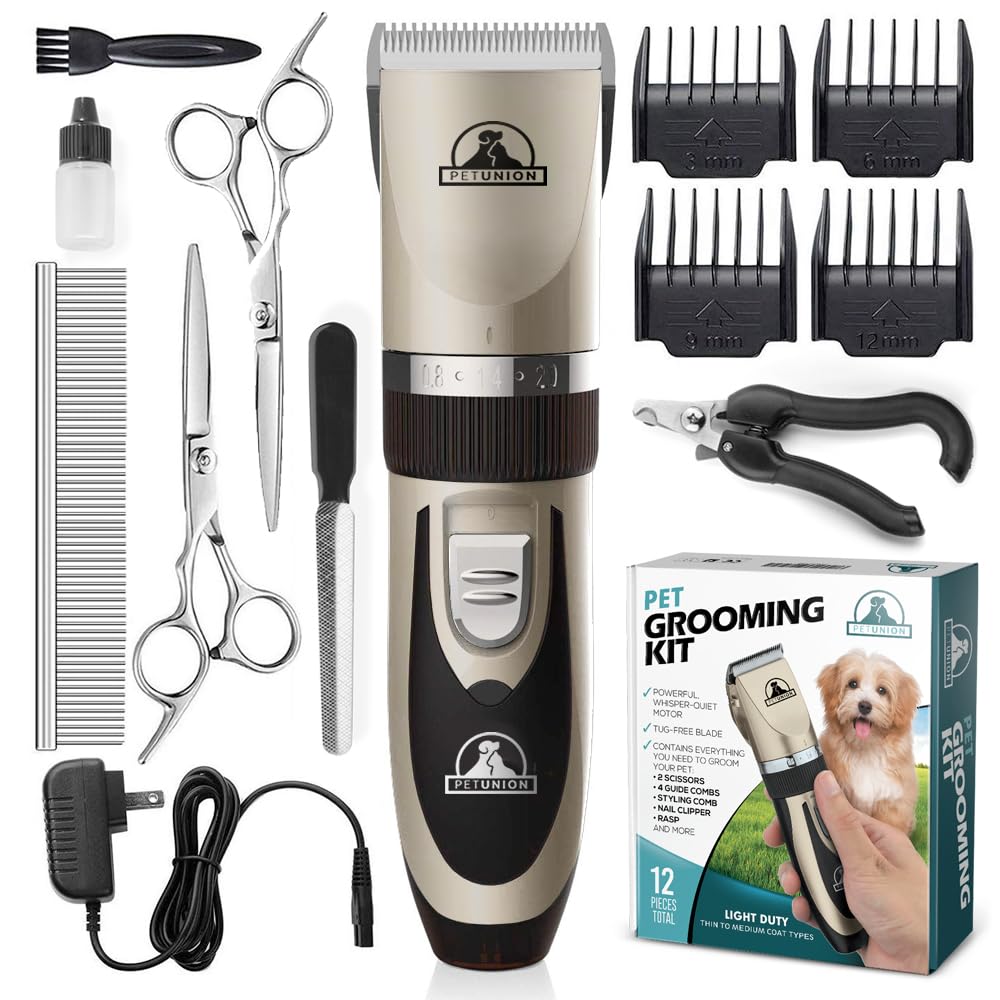 Pet Union Professional Dog Grooming Kit - Cordless Low Noise Dog Clippers for Grooming Thick Coats - All Pet Safe Cat Hair Trimmer - Pet Grooming Kit Includes Dog Hair Clippers, Nail Trimmer & Shears