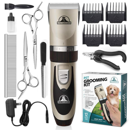Pet Union Professional Dog Grooming Kit - Cordless Low Noise Dog Clippers for Grooming Thick Coats - All Pet Safe Cat Hair Trimmer - Pet Grooming Kit Includes Dog Hair Clippers, Nail Trimmer & Shears