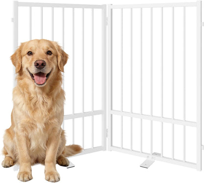 SNUOWU Full Metal Freestanding Dog Gate with Door, 32''Height Foldable Pet Dog Fence for Indoor & Outdoor, 4 Panels Extra Wide Free Standing TallDog Gates for Doorways,House,Stairs,Porch,Deck,Yard