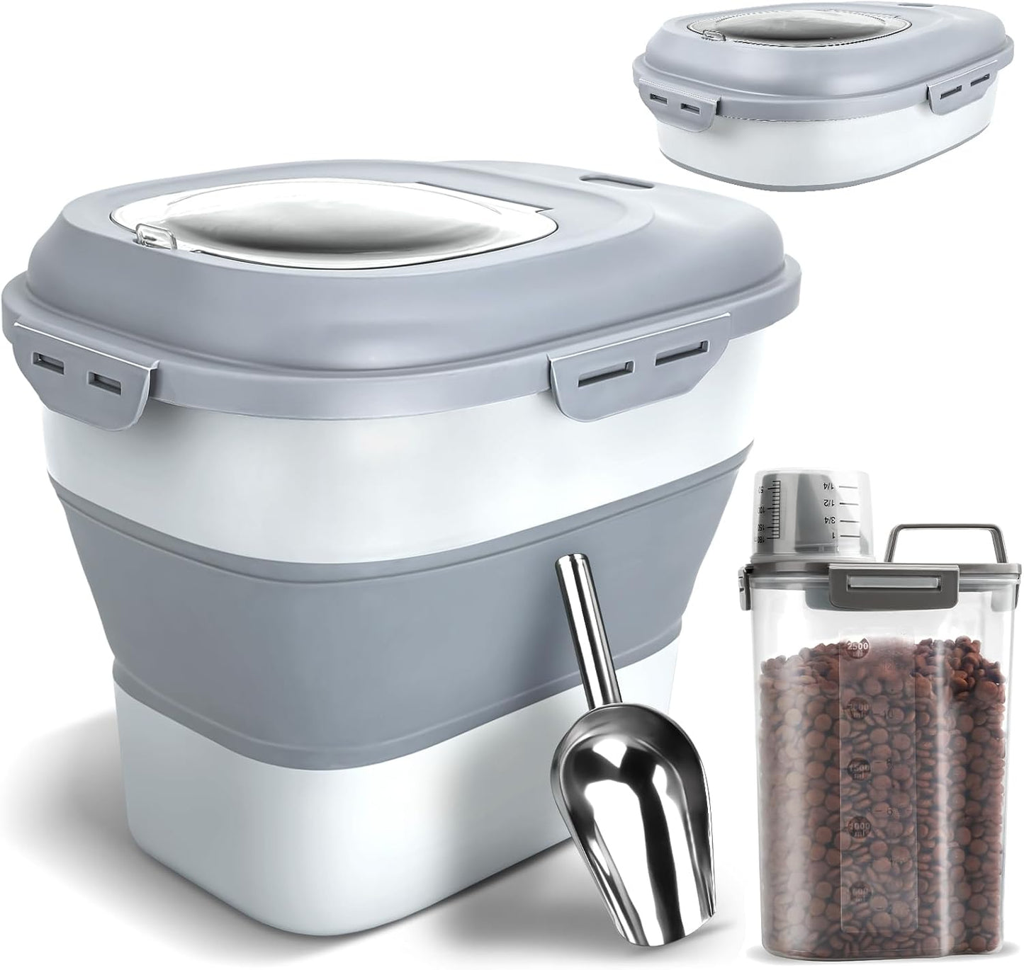 TIOVERY Dog Food Storage Container, Airtight Collapsible 13lb to 30lb Pet Food Container with Flip Top, Rolling Wheel, Scoop and a small container for Dog Cat Food and Dry Food of Rice, Flour