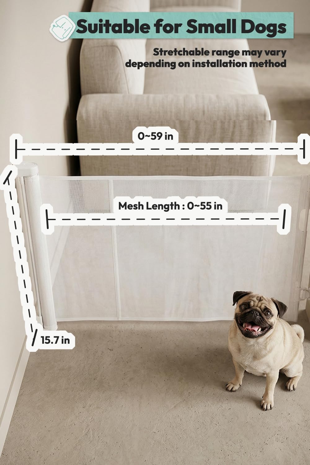 15.7" H Mesh Short Dog Gate, Extends Up to 59" W Retractable Pet Gate with Drill Installation, Small Dog Gate for Stairs, Easy Step Over Low Puppy Gate for Doorways Indoor Outdoor, Black