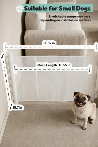 15.7" H Mesh Short Dog Gate, Extends Up to 59" W Retractable Pet Gate with Drill Installation, Small Dog Gate for Stairs, Easy Step Over Low Puppy Gate for Doorways Indoor Outdoor, Black