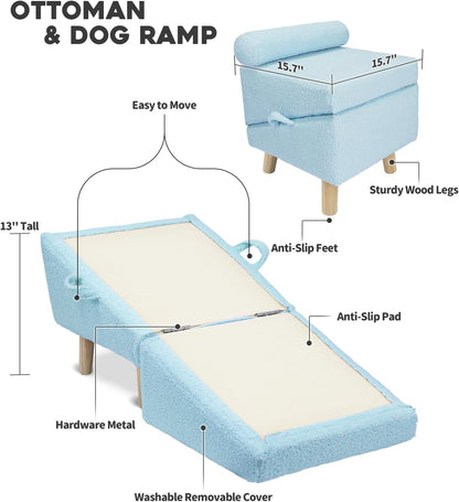 Dog Stairs for Small Dogs and Cats – 2-in-1 Dog Ramp for Couch and Low Bed, 16.5'' Foldable Wooden Pet Ramp, Sturdy Multi-Use Split Ottoman Design, Beige