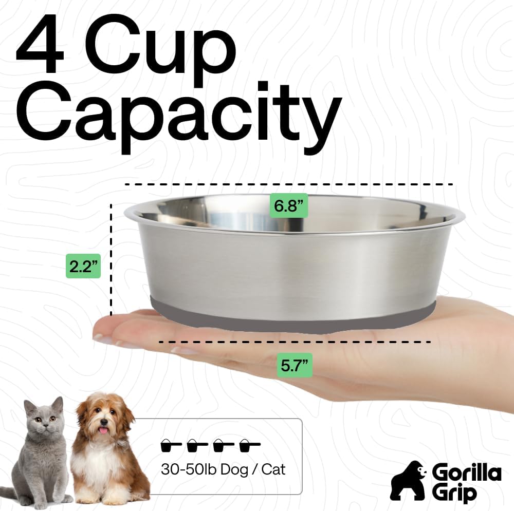 GORILLA GRIP Dog Bowls, Food Grade 304 Stainless Steel, Holds 2 Cups Each (16 fl oz) Food and Water Bowl for Feeding Dogs and Cats, Dishwasher Safe, Rust Resistant, BPA Free Rubber Base Set of 2 Black
