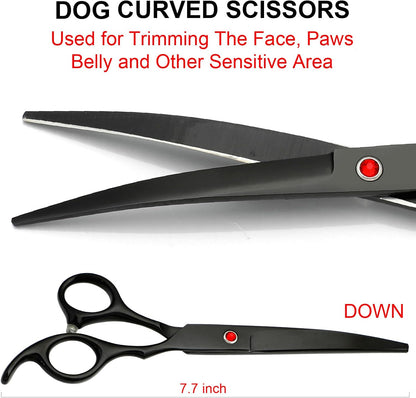 TINMARDA Dog Grooming Kit, Professional Stainless Steel Dog Grooming Scissors with Curved Shears, Pink Finger Rings - 4 Piece Sharp Durable Pet Shears for Dogs Cats At Home Salon-Quality Grooming