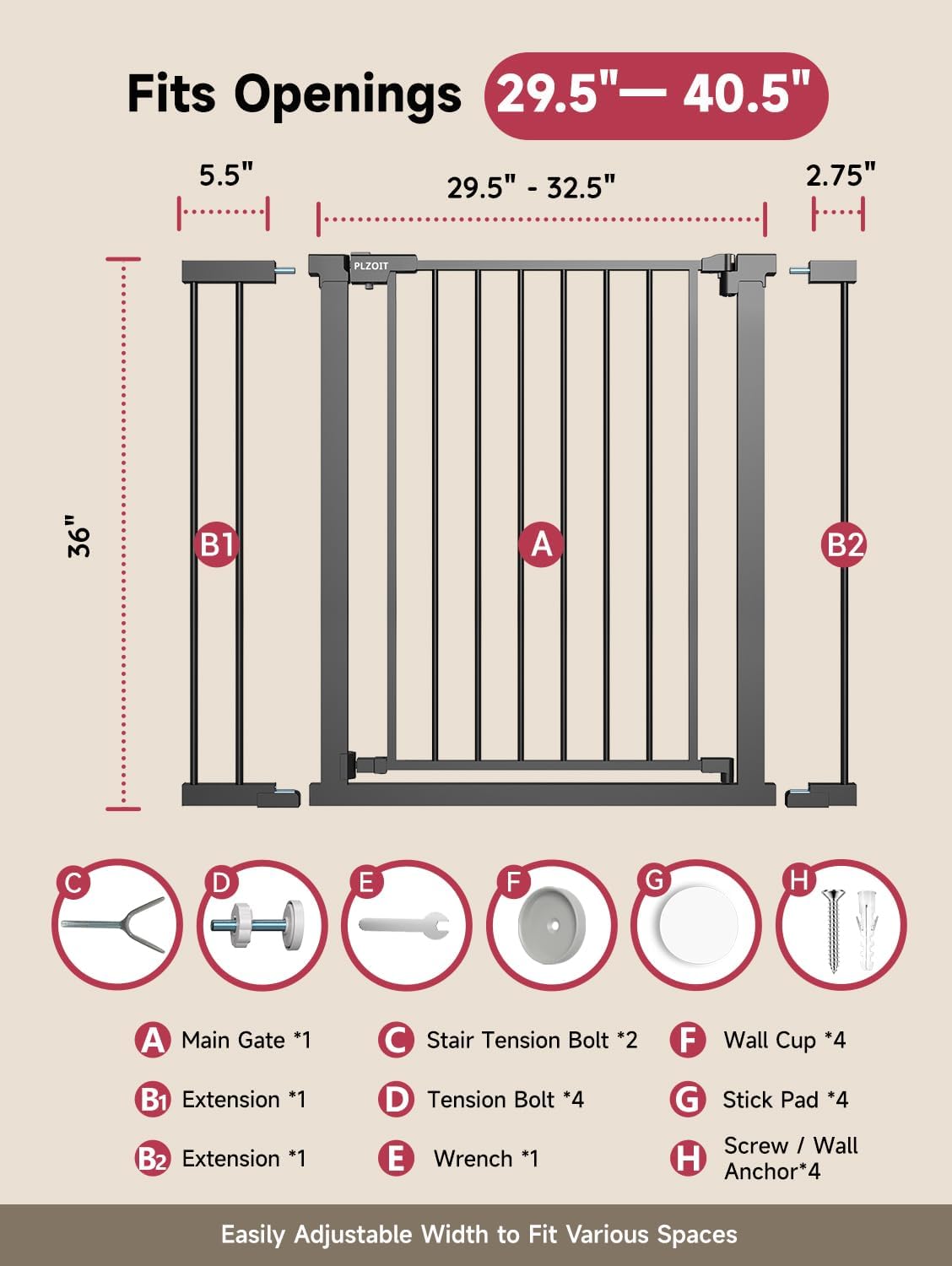 29.5-40.5" Baby Gate for Stairs, Dog Gate for Doorways, Walk Thru Auto Close Metal Baby Safety Gate for The House, Stairs and Doorways, Child Gate Pressure Mounted, Pet Gate for Dog Indoor - Black