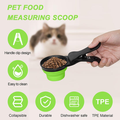 Collapsible Dog Food Scoop Foldable Pet Food Bag Clip 3 in 1 Multi-function Silicone Cat Food Measuring Cup Scoop Dog Food Scooper Pet Food Storage Clip (Green, 1 Cup Capacity(1 Pack))