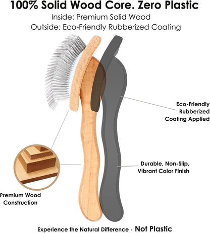 Slicker Brush for Doodles and Poodles - 2-Piece Solid Wood Dog Grooming Set with Extra Long Pin Dematting Tool and Metal Comb for Curly, Matted & Thick Hair, Purple