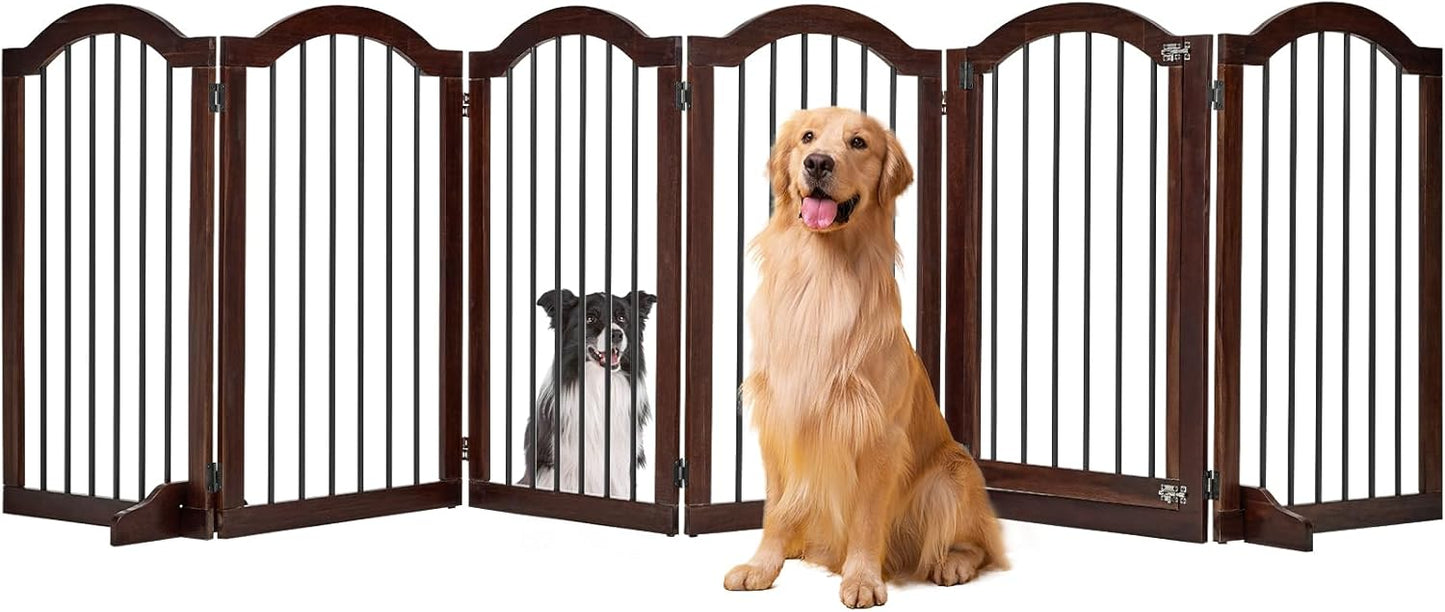 PrimeZone 144" Extra Wide Dog Gate - 36" Tall 6-Panel Solid Acacia Wooden Freestanding Puppy Gates with Door, Foldable Indoor Pet Fence for Doorways, Stairs, Support Feet Included, Brown