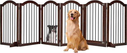 PrimeZone 144" Extra Wide Dog Gate - 36" Tall 6-Panel Solid Acacia Wooden Freestanding Puppy Gates with Door, Foldable Indoor Pet Fence for Doorways, Stairs, Support Feet Included, Brown