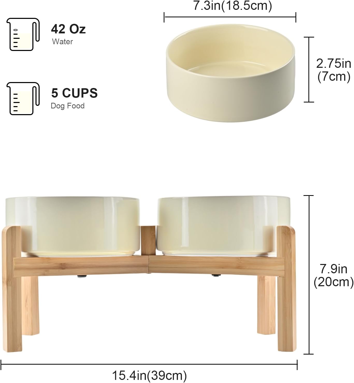 SPUNKYJUNKY Elevated Dog Bowls Ceramic, 6.1'' Dogs and Cat Food Water Bowls Raised with Non-Slip Bamboo Stand for Medium Sized Breed Microwave Dishwasher Safe - 28.7 OZ,Beige