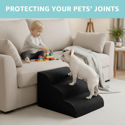 Oiilores Dog Stairs for Small Dogs 15" H, 3-Step Dog Steps Ramp for Couch Sofa and Chair with Anti-Slip Washable Cover and Durable High Density Foam, Pet Stairs for Cats, Grey