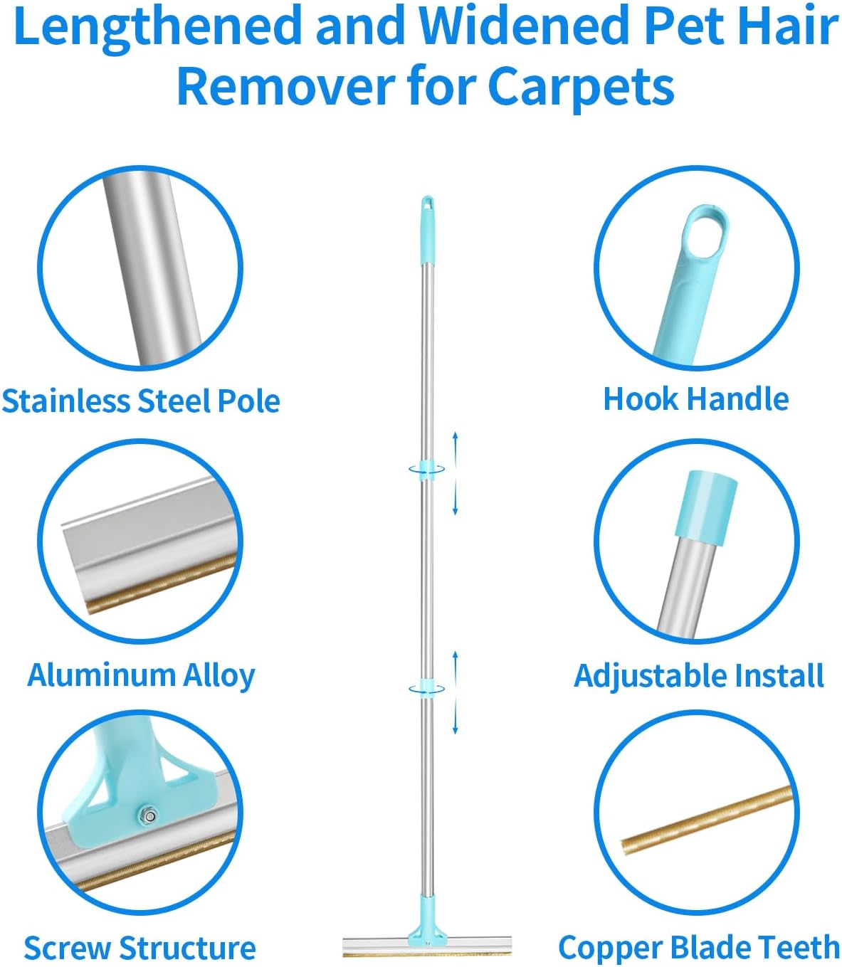 Telescopic Carpet Rake for Pet Hair, 36-55" Adjustable Rug Rake to Remove Dog Cat Hair & Fluff Matted Carpet, Stand Up Cleaning Tool for Under Furniture