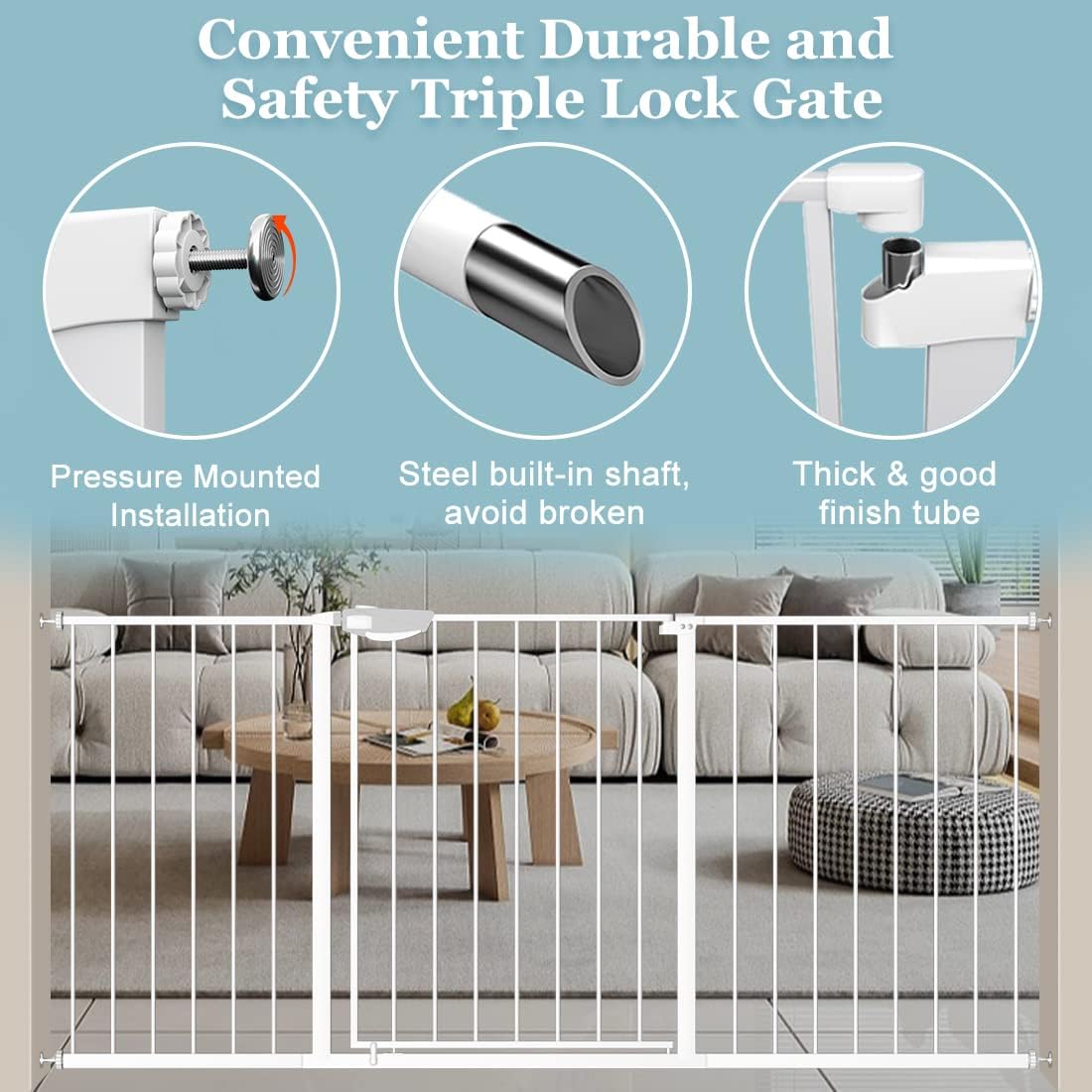 WAOWAO Triple Lock 49.21-66.54" Baby Gate Extra Wide Pressure Mounted Walk Through Swing Auto Close Safety Black Metal Dog Pet Puppy for Stairs,Doorways,Kitchen