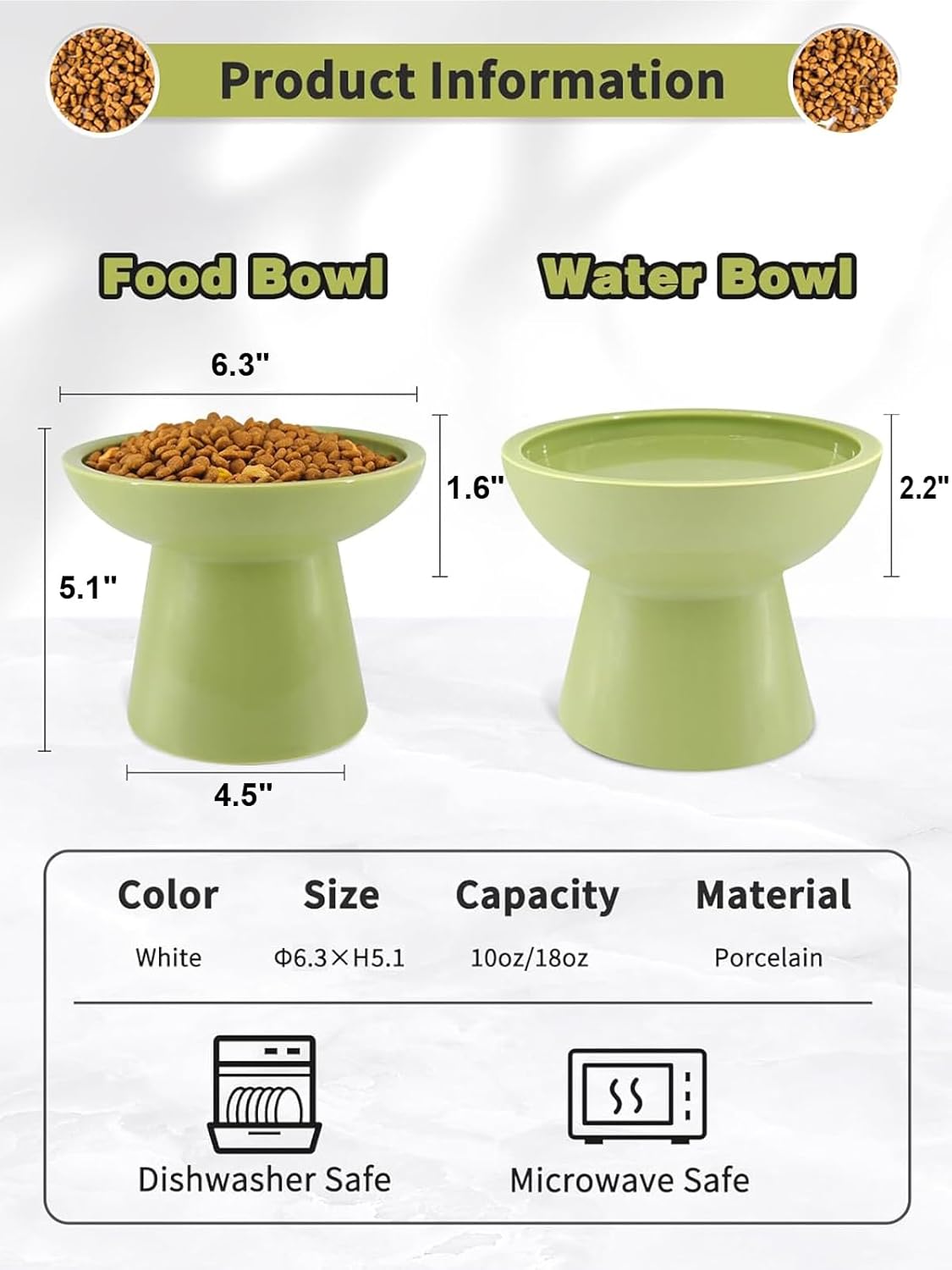 LoeJan Elevated Cat Food and Water Bowls Set, Extra Wide and Raised Ceramic Bowls, Anti-Vomit Whisker-Free Pressure Cat Feeder for Kittens to Adult Cats and Small Dogs (White, Water Bowl)