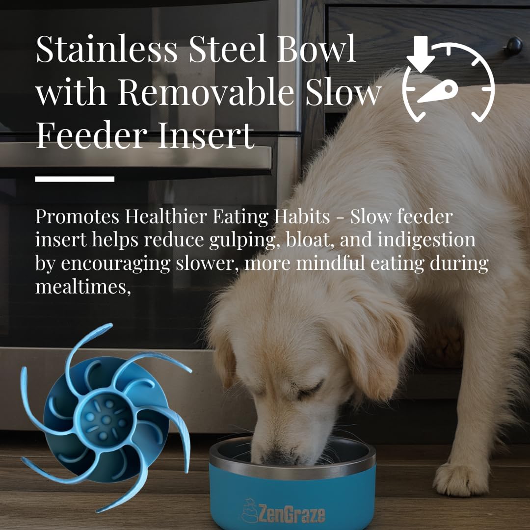 Stainless Steel Slow Feeder Dog Bowl for Large Dogs | 64 oz, Non-Slip Base with Textured Lick Mat Lid & Silicone Slow Feeder Insert – Deep Anti-Gulp Metal Puzzle Bowl for Large Breeds (Steel Gray)
