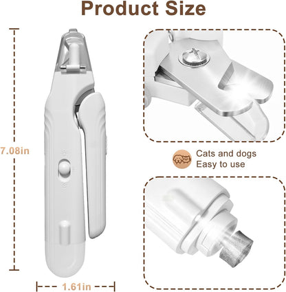 2-in-1 Dog Nail Clippers and Cat Nail Clippers with Light, Quick Sensor and Safety Guard, USB Rechargeable Pet Nail Trimmer with 2 LED Lights for Large Medium Small Dogs and Cats (White)