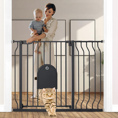 COMOMY 29.5-48.4" Baby Gate with Adjustable Cat Door,Extra Wide Metal Cat Gate for Stairs Doorways, Auto Close Dog Gate with Pet Door for House, Pressure Mounted Easy Walk Through (30" Tall, Black)