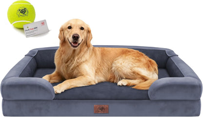 Extra Large Dog Bed, Orthopedic XL Washable Memory Foam Bed for Big Dogs Waterproof Pet Couch Sofa Bolster with Removable Cover, Non-Slip Bottom, Tennis Ball Toy, 42x30