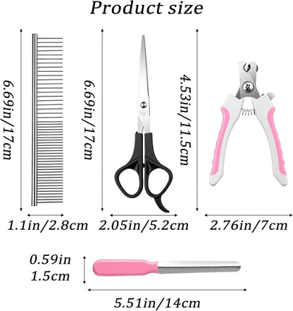 4 PCS Cat Dog Nail Clippers Trimmers Set, Professional Cats Dogs Pet Claw Clipper Sharpener and Hair Grooming Scissors Comb Tools for Small, Medium and Large Breeds, Cats, Rabbits, Guinea Pigs