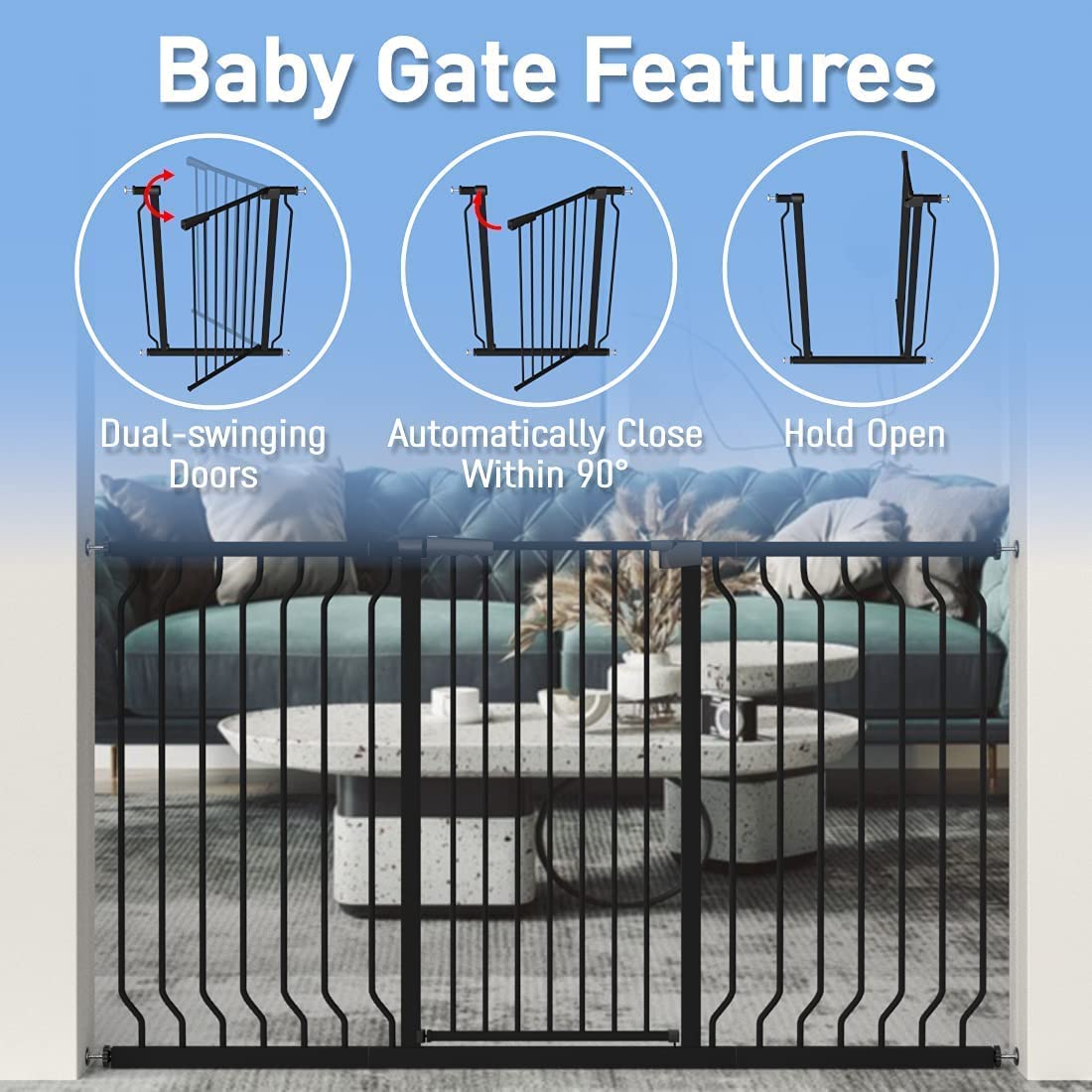 WAOWAO Extra Tall 40.55" Baby Gate 29.92-63.38" Wide Pressure Mounted Walk Through Swing Auto Close Safety White Metal Toddler Child Dog Pet for Indoor Stairs,Doorways,Kitche